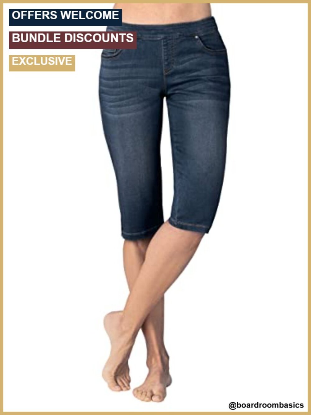Women's Pull-On Stretch Denim Bermuda Shorts with Pockets, Elastic Waist